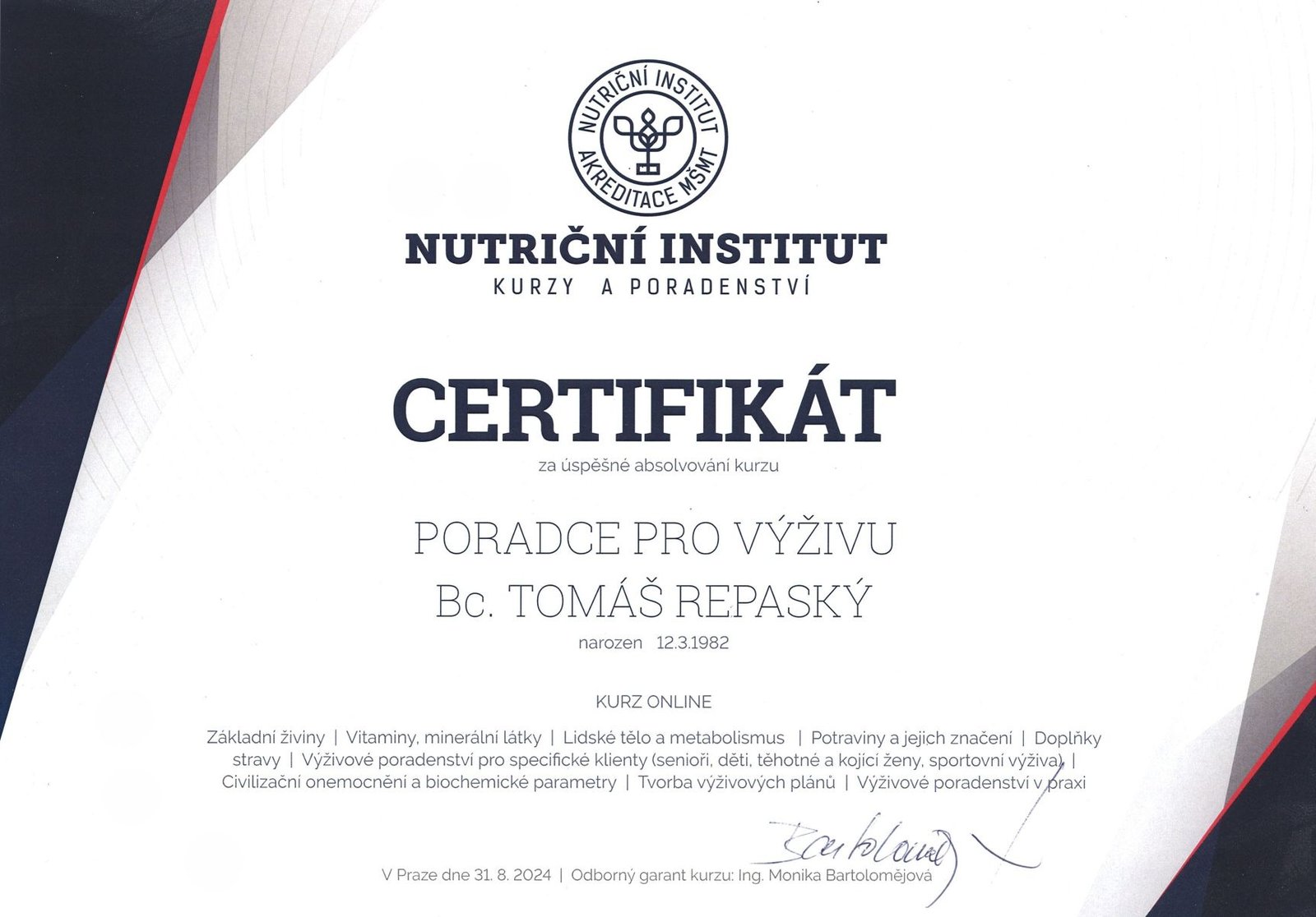Certifikát Poradce pro výživu – Tomáš Repaský